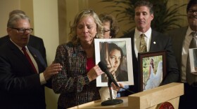 Debbie Ziegler, mother of Brittany Maynard, speaks to the media after the passage of legislation, which would allow terminally ill patients to legally end their lives, at the state Capitol, in Sacramento, Calif., Sept. 11, 2015. 