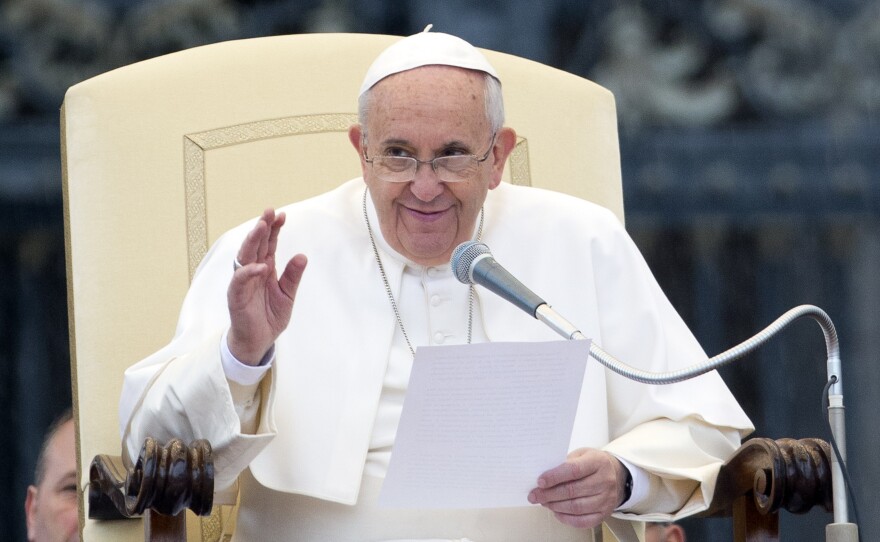 Pope Francis speaks during his weekly general audience in St. Peter's Square at the Vatican on Wednesday. ANSA, the Italian news agency, is reporting that the pope's doctors have urged him to reduce his pasta consumption.