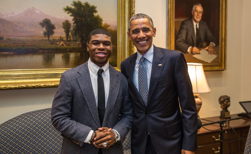 President Barack Obama with Noah McQueen in the Roosevelt Room of the White House on Feb. 20, 2015.