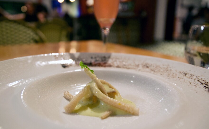 After a visit to an indigenous region, Castrellón was inspired to use palm tree flowers as a type of spaghetti, served with corn sauce.