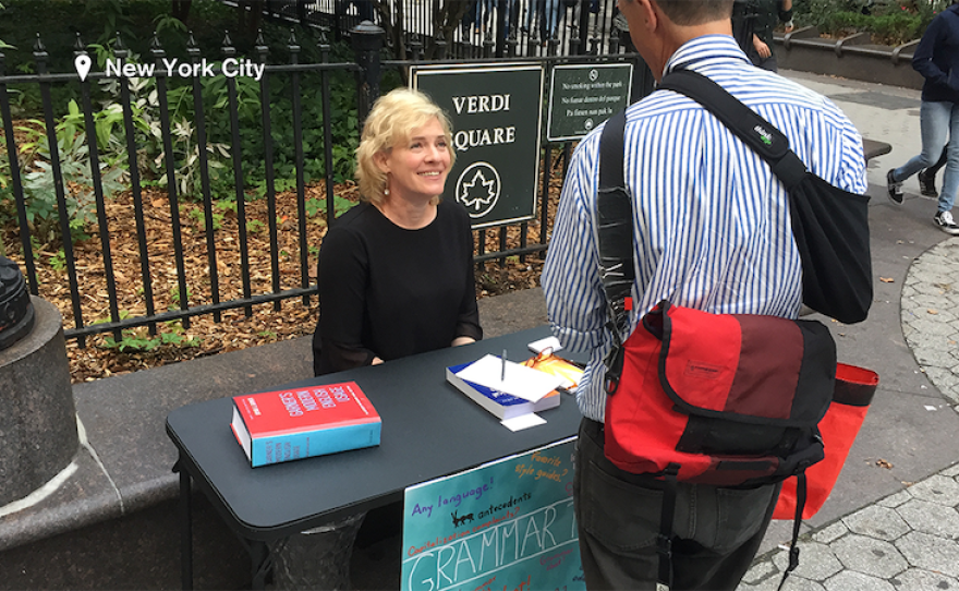 Ellen Jovin at her Grammar Table in New York City. The documentary "Rebel with a Clause" follows her on a road trip through all 50 states as she answers grammar questions from passers by. (2025)