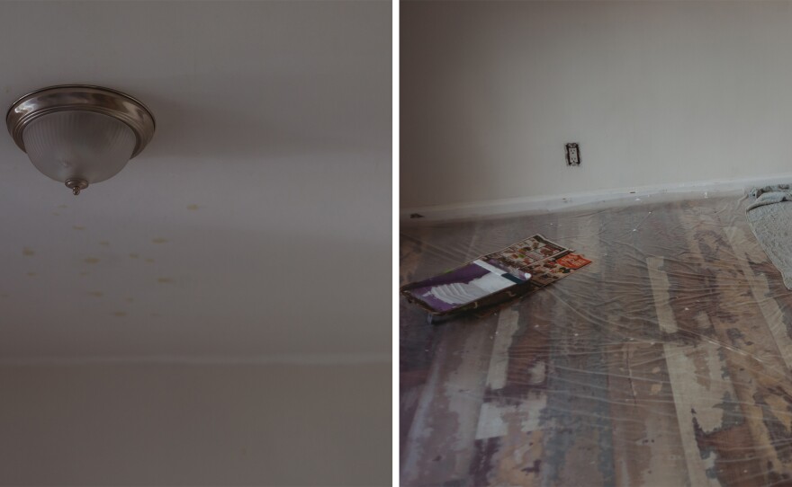 The tenants had damaged the unit, including a hole in one of the doors, wallpaper peeled off the walls, and damaged fixtures. There were cigarette burns on the floor. The couple is still working on the repairs.