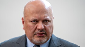 Karim Khan, Prosecutor of the International Criminal Court, looks up prior to a press conference in The Hague, Netherlands, July 3, 2023.