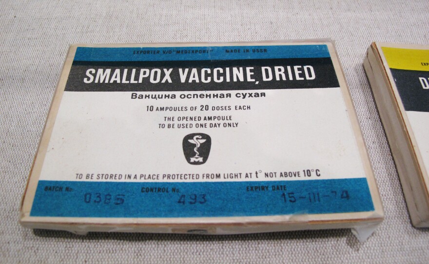 Freeze-dried smallpox vaccine produced in the Soviet Union for the WHO campaign. Each vial contains 100 doses, which could remain stable at least 30 days at 98.6 °F. That was critical if the vaccines were to be used in the tropics.