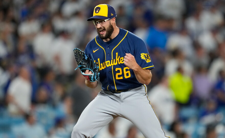 Milwaukee Brewers pitcher Aaron Ashby celebrates the final out of Game 4 of baseball's National League Championship Series between the Milwaukee Brewers and the Los Angeles Dodgers, Thursday, Oct. 15, 2026, in Los Angeles.