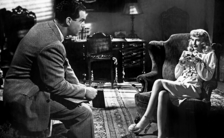 Walter Neff (Fred MacMurray) is an insurance salesman who realizes that Phyllis Dietrichson (Barbara Stanwyck) is up to no good in "Double Indemnity."