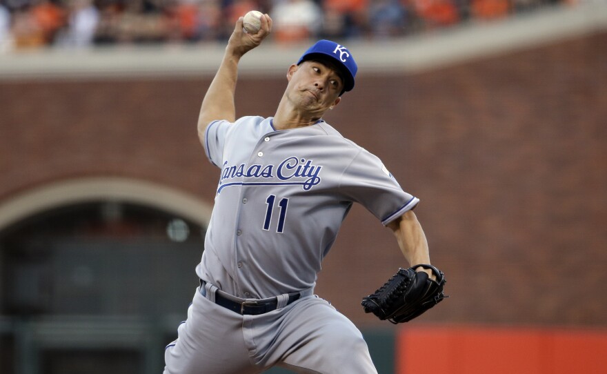 Kansas City Royals pitcher Jeremy Guthrie throws Friday during the first inning of Game 3 of baseball's World Series against the San Francisco Giants in San Francisco.