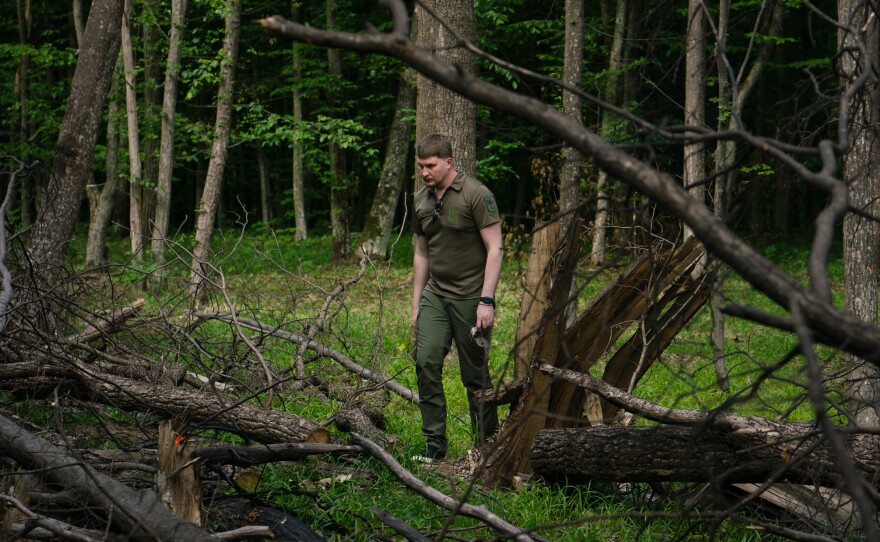 Yevgeniy Medvedovskiy, the chief of the Zhytomyr region's department of environmental inspection, walks around the site of the jet crash picking up shards of metal and looking at the fallen trees.