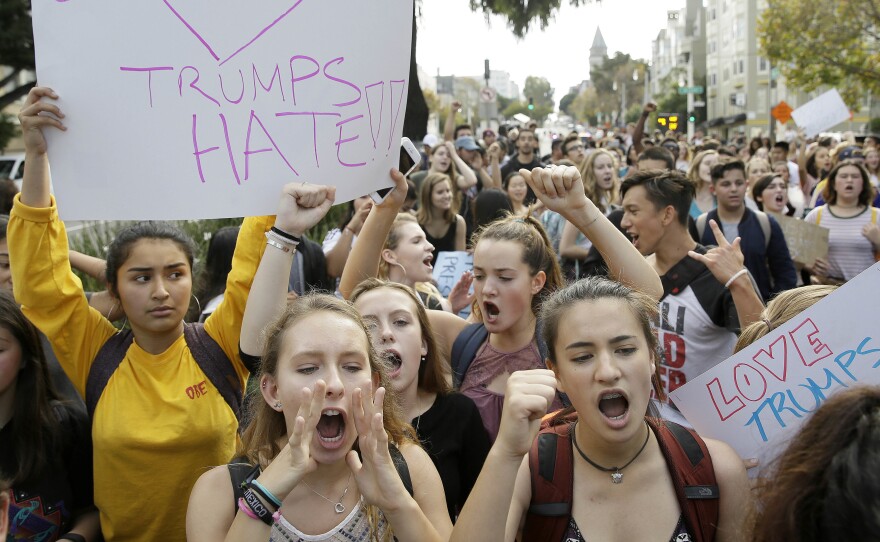 San Francisco high school students protest in opposition to Donald Trump's presidential victory. Protests like it have been springing up all over the country, and a women's protest is planned for Jan. 21.