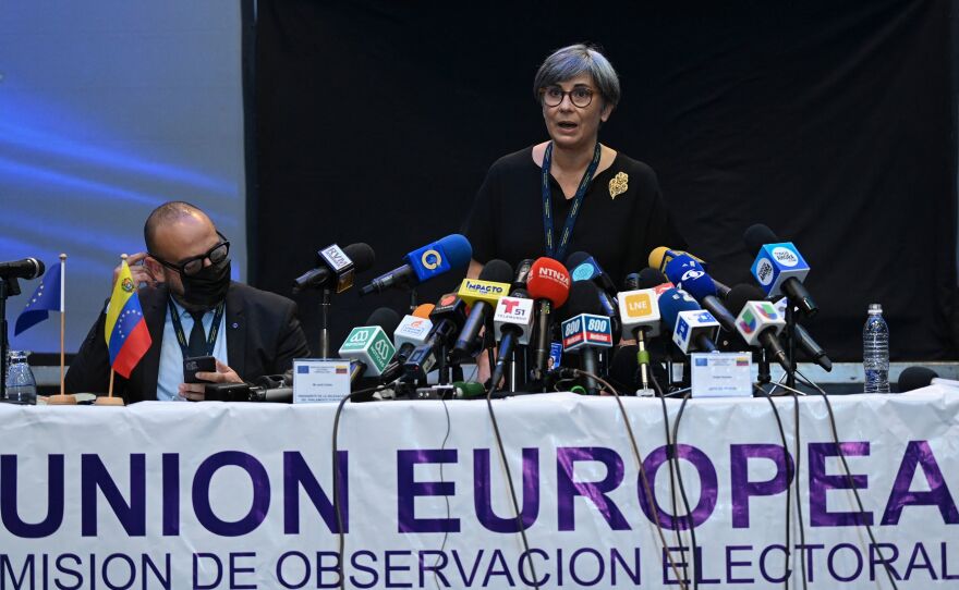 The chief of the European Union observer mission in Venezuela, Isabel Santos, speaks to reporters in Caracas on Nov. 23. Santos said that irregularities were identified in the elections for governors and mayors although there were "better conditions" than in previous votes.