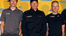 <strong>Accused:</strong> Floyd Landis has said that top U.S. riders David Zabriskie (from left), Lance Armstrong and Levi Leipheimer cheated during the Tour de France and other races. Here, they attend a press conference prior to the 2010 Tour of California.