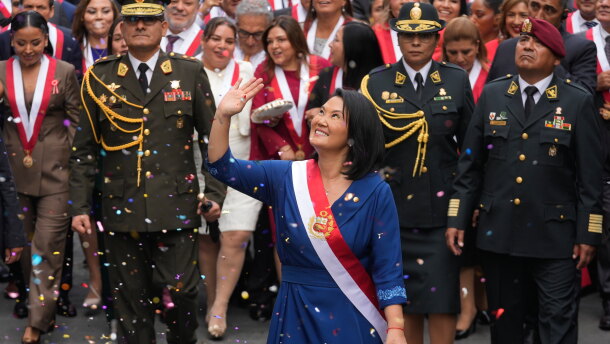 Peruvian President Keiko Fujimori walks to the presidential palace after her inauguration in Lima, Peru, Tuesday.