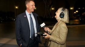 Scott Peters talks to KPBS reporter Alison St. John at Golden Hall on June 5, 2012.