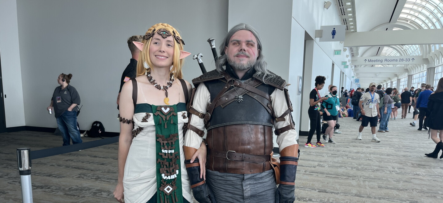 Diana and Andrew Bentle traveled from Lompoc, Calif. for their first Comic-Con. Andrew spent about $1,000 on materials and roughly 100 hours creating his armor cosplay inspired by "The Witcher 3," July 23, 2026.