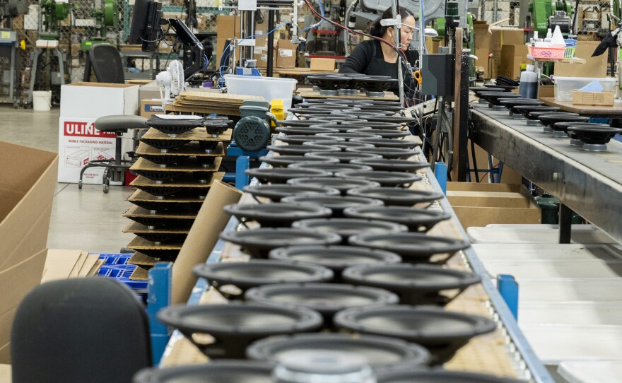 Speakers on the assembly line at the MISCO factory in St. Paul, Minn. on May 18, 2023.