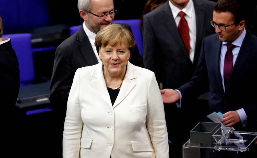 German Chancellor Angela Merkel during her election by the Bundestag for a fourth term as chancellor on Wednesday in Berlin.