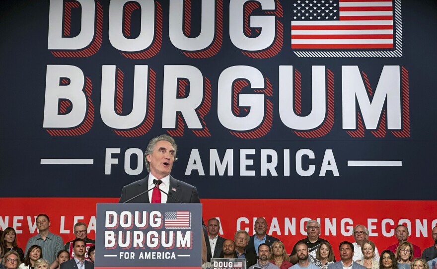 North Dakota Gov. Doug Burgum speaks as he kicks off his campaign for the 2024 Republican presidential nomination Wednesday in Fargo, N.D.