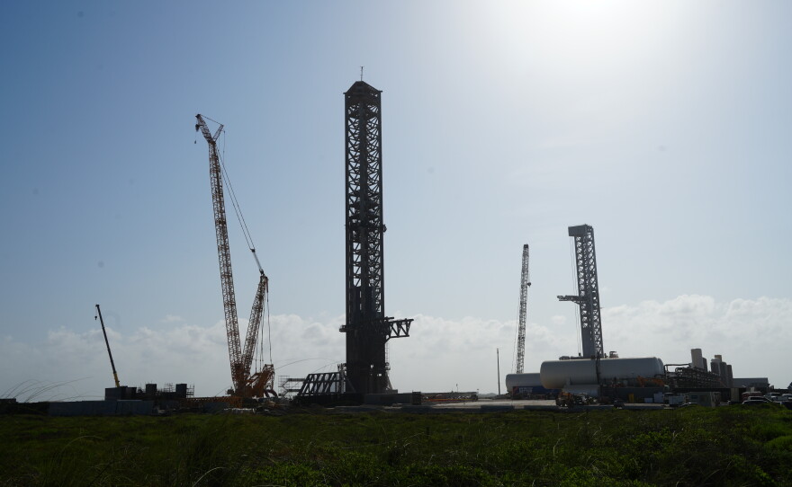 A view from Boca Chica Beach towards two SpaceX launch pads, in south Texas.
