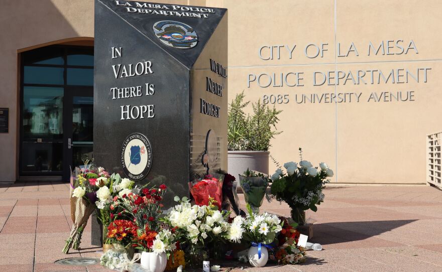 A improptu memorial for La Mesa Police Department Officer Lauren Craven is shown outside LMPD headquarters on Oct. 21, 2025 in La Mesa, California. Craven was killed in a traffic collision in Interstate 8.