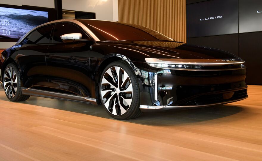 A Lucid Air Grand Touring electric luxury car is displayed at Lucid Motors' studio and service center on Feb. 25 in Beverly Hills, Calif. The company is looking to compete with the luxurious Mercedes-S class.