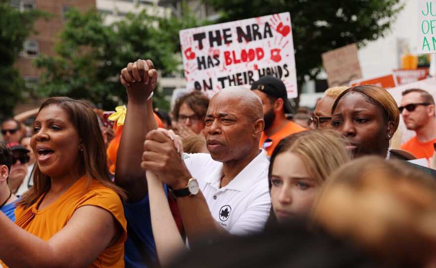 New York City: New York Mayor Eric Adams and Attorney General Letitia James join people as they march across the Brooklyn Bridge to protest against gun violence in the March for Our Lives rally.
