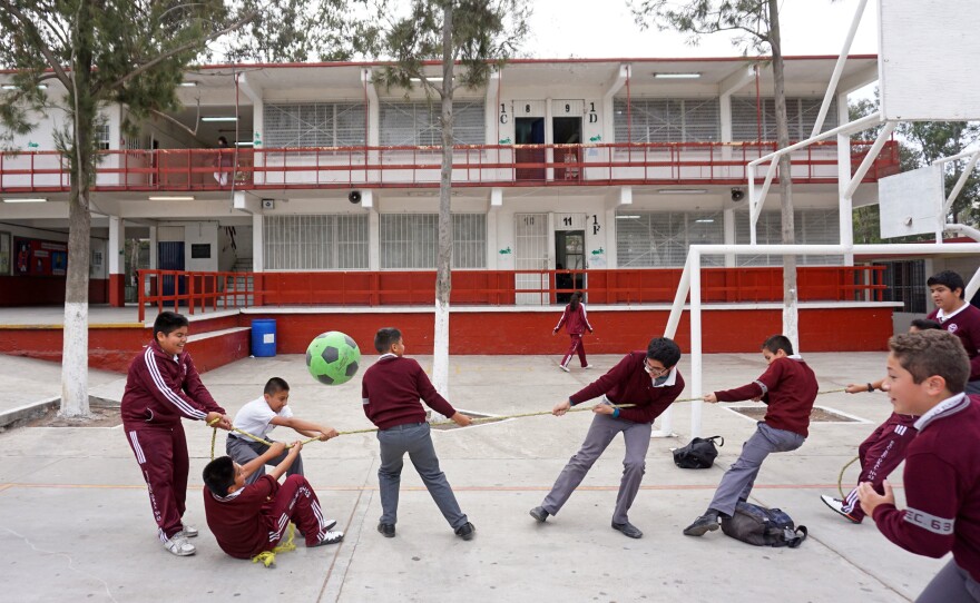 Students play during recess at the Eucario Zavala Secondario 63 school in Tijuana.