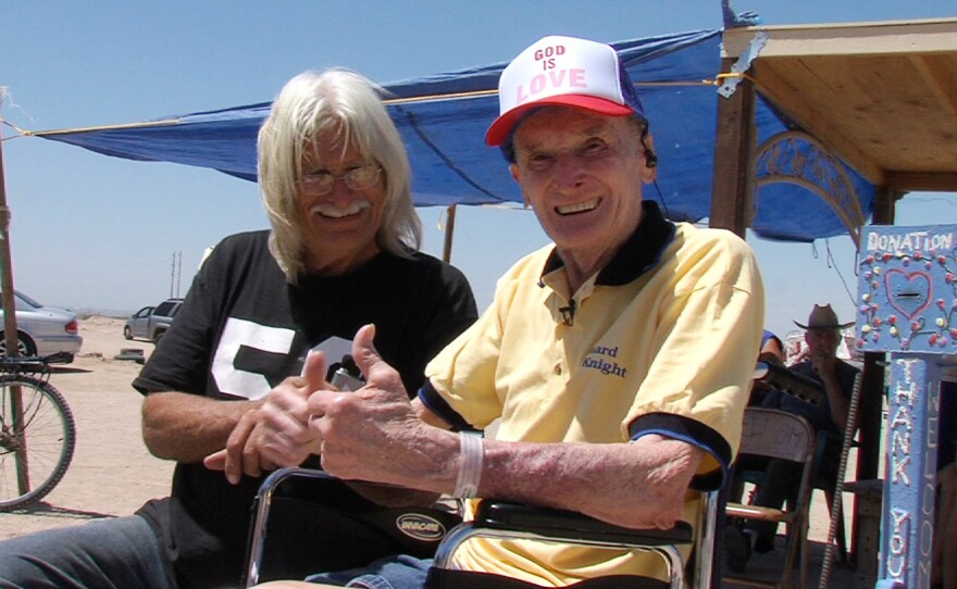 A man named Leonard is shown at Salvation Mountain with another Slab City resident who goes by the name Builder Bill, March 28, 2015.