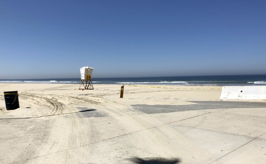 An empty Pacific Beach on March 15, 2020, as people were ordered to shelter in place because of the coronavirus pandemic.