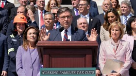 Speaker of the House Mike Johnson, R-La., and fellow Republicans celebrate GOP tax policies at an event outside the Capitol in Washington, Wednesday, April 15, 2026.