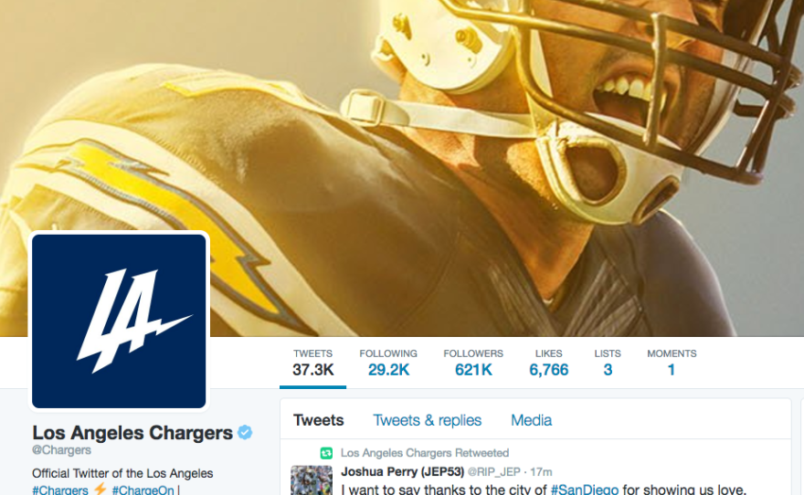 The Los Angeles Chargers Twitter account homepage, Jan. 12, 2017.