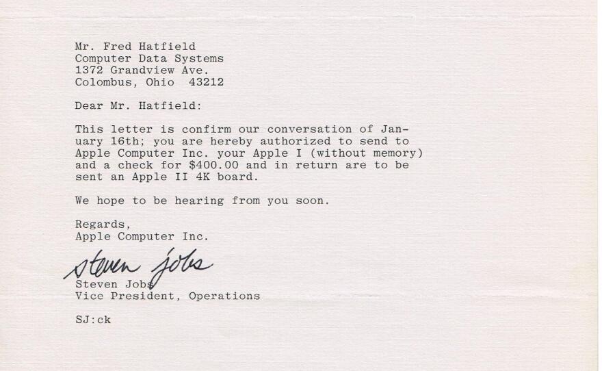 When Fred Hatfield expressed his dissatisfaction with the Apple-1, Steve Jobs personally offered to swap it out in this letter.