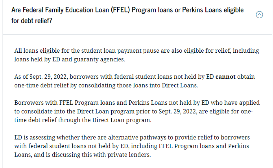 <strong>New guidance:</strong> A screenshot of the U.S. Education Department's student loan relief guidance for holders of FFEL and Perkins Loans, taken at 11:39 a.m. on Thursday.