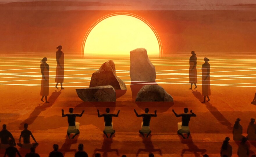 Animation still of kapaemahu and stones.