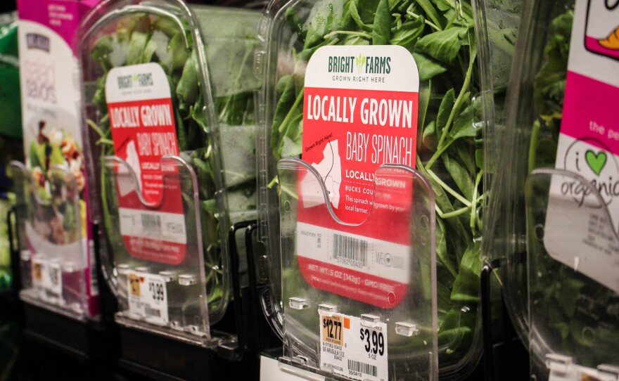 Salad greens grown in a BrightFarms greenhouse in Lower Makefield Township, Penn., on sale at a nearby McCaffrey's grocery store.