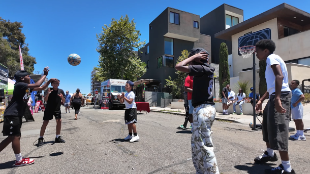 Kids play basketball at the Juneteenth Block Party hosted by Louisiana Purchase and Black San Diego in North Park on June 19, 2026.