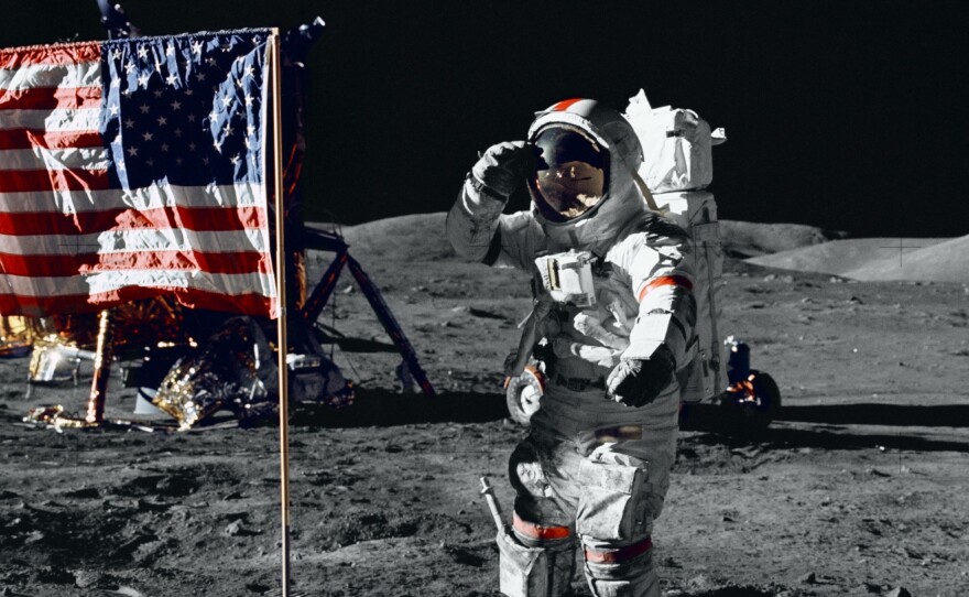 Astronaut Gene Cernan salutes the U.S. flag during his moonwalk in 1972. No one else has been there since Apollo 17 left.