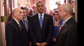 President Barack Obama waits with Sergeants at Arms and Members of Congress before entering the House Chamber to deliver the State of the Union address at the U.S. Capitol in Washington, D.C., Feb. 12, 2013. Standing with the President are, from left: Paul Irving, House Sergeant at Arms: House Majority Leader Eric Cantor, R-Va.; Leader Nancy Pelosi, D-Calif; and Terrance Gainer, Senate Sergeant at Arms. (Official White House Photo by Pete Souza)