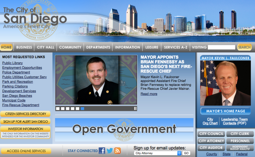 A screenshot of the city of San Diego's old website taken on March 11, 2016.