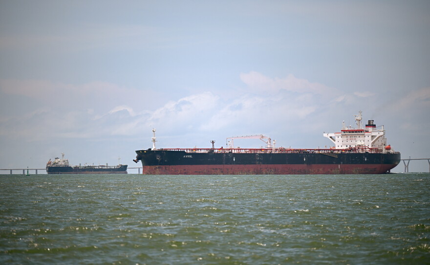 Guinea-flagged crude oil tanker Avril waits its turn to be loaded with crude oil at Lake Maracaibo in Maracaibo, Zulia State, Venezuela on May 9, 2025.
