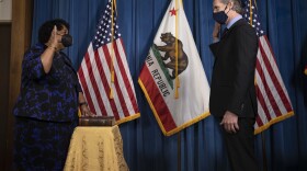 Shirley Weber being sworn in as California Secretary of State by Gov. Gavin Newsom on Jan. 29, 2021.