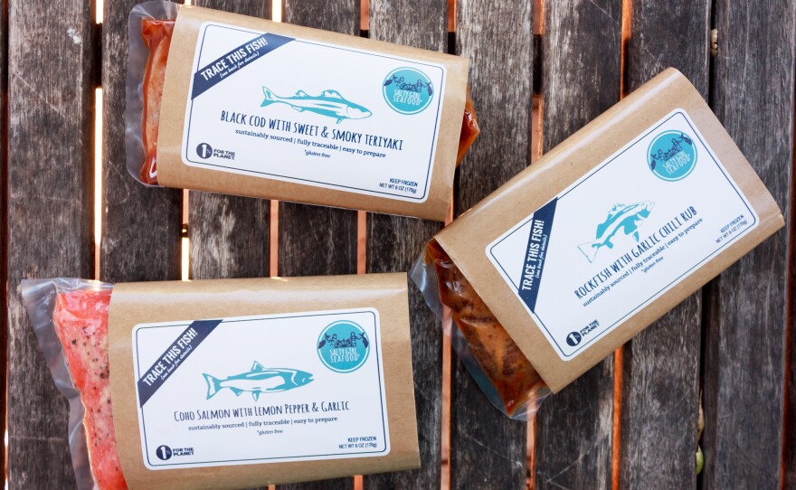 Packaging for some of Salty Girl's marinated, ready-to-cook fish. The company sources its fish directly from California fishermen. Customers can go online to find out more about where their fish came from, who caught it and how, and other sustainability issues.