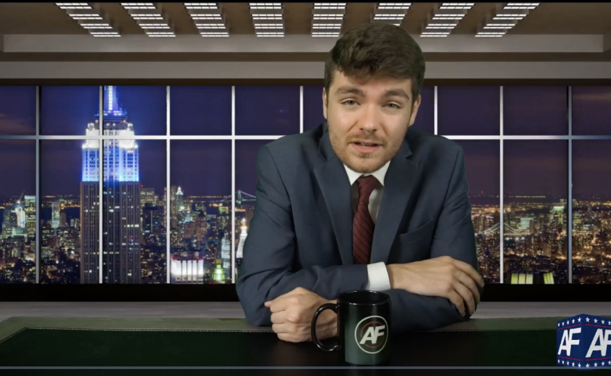 Far-right extremist Nick Fuentes, seen here in a screenshot from his livestreamed show, has said he uses irony because it provides "plausible deniability" and cover for some of his most incendiary statements.