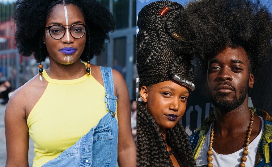In Paris last summer, Malika, 23, (left) says of the Afropunk festival: "It's a safe place. Anyone can really express themselves." At right, Archibald, 26 — with Mariame, 24 — says, "Afropunk is inspiring, the color of our skin, dressing only with hair ... It's amazing to see how people react."