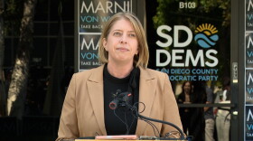 San Diego City Councilmember and Democratic nominee in California's 48th Congressional District, Marni von Wilpert, speaking in front of the San Diego County Democratic Party headquarters in Kearny Mesa, June 4, 2026.