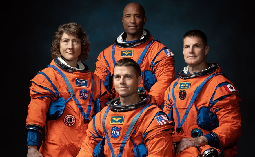 March 29, 2023. LOCATION: Bldg. 8, Room 183 - Photo Studio. SUBJECT: Official crew portrait for Artemis II, from left: NASA Astronauts Christina Koch, Victor Glover, Reid Wiseman, Canadian Space Agency Astronaut Jeremy Hansen. PHOTOGRAPHER: Josh Valcarcel
