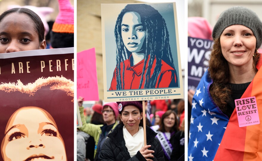(Left to right) Nadia da Rosa, 15, from Providence, R.I.; Anna Maria Evans from Durham, N.C.; and Nicole Monceaux from New York City attend the Women's March on Washington in D.C.