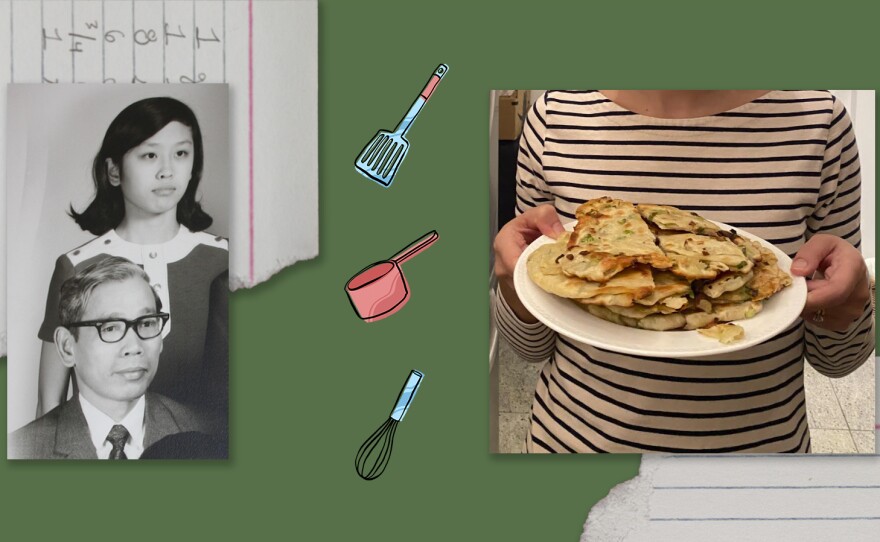 Left: A family photo of Lily Liu and her father, Tai. Right: A plate full of scallion pancakes held by Lily's niece.