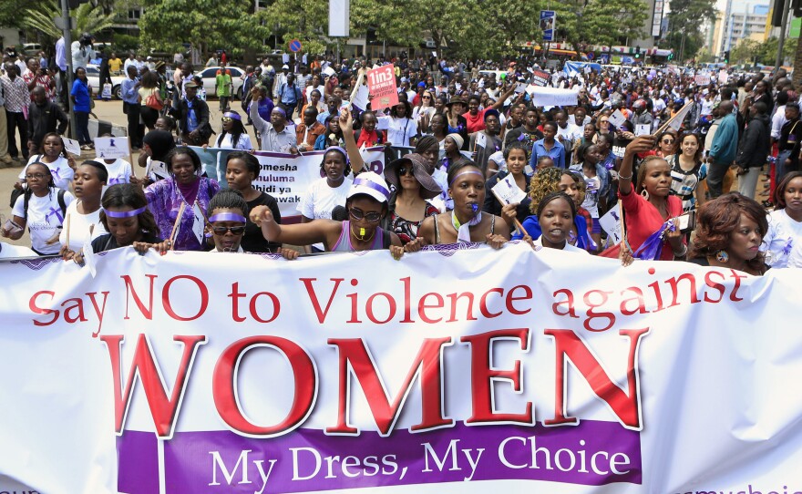 Women participate in the Nov. 17 protest in Nairobi. The viral videos showing the attacks have prompted soul searching in the predominantly Christian country.