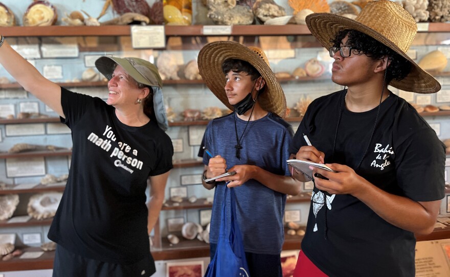 Professor Perla Myers speaks to Yairo Chique and another young student inside a room full of seashells in this undated photo.