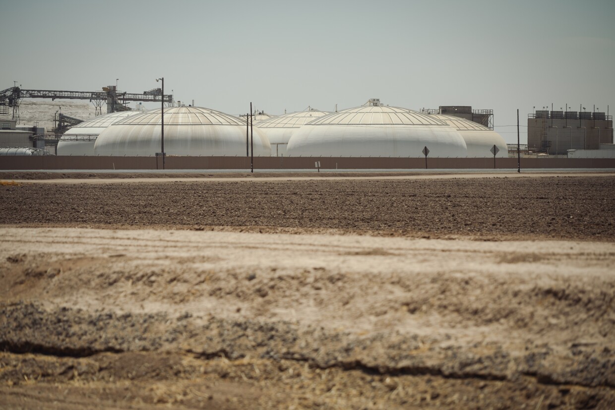 The Spreckels Sugar factory towers over the roads south of Brawley, California in the Imperial Valley on August 5, 2025. The factory’s last season of processing sugar beets in the valley is underway as the facility’s owner, Southern Minnesota Beet Sugar Cooperative, prepares to wind down operations.